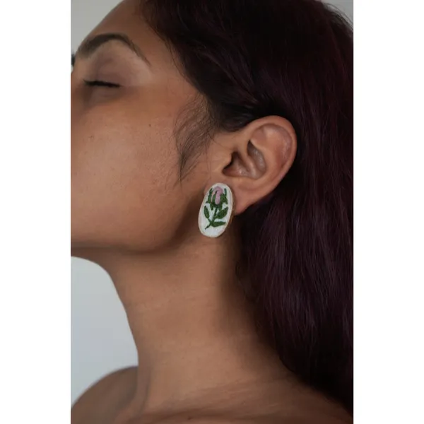 Mauve_Cotton_Embroidered_Rose_Buds_Branch_Oval_Stud_Earrings_For_Women