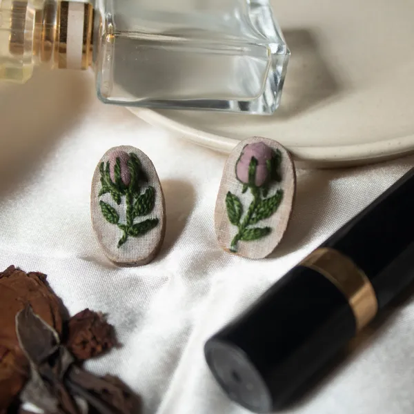 Mauve_Cotton_Embroidered_Rose_Buds_Branch_Oval_Stud_Earrings_For_Women