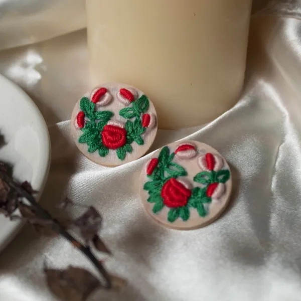 Orange_Cotton_Embroidered_Dual_Tone_Rose_Buds_Branch_Stud_Earrings_For_Women