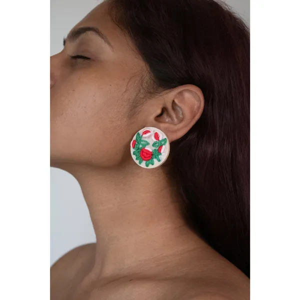 Orange_Cotton_Embroidered_Dual_Tone_Rose_Buds_Branch_Stud_Earrings_For_Women