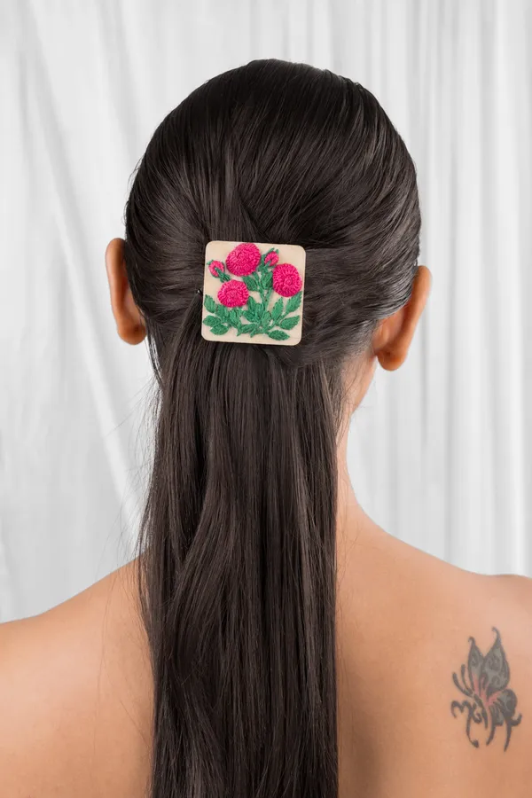 Deep_Pink_Rose_Branch_Rectangular_Alligator_Hair_Clip