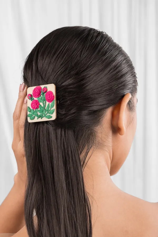 Deep_Pink_Rose_Branch_Rectangular_Alligator_Hair_Clip