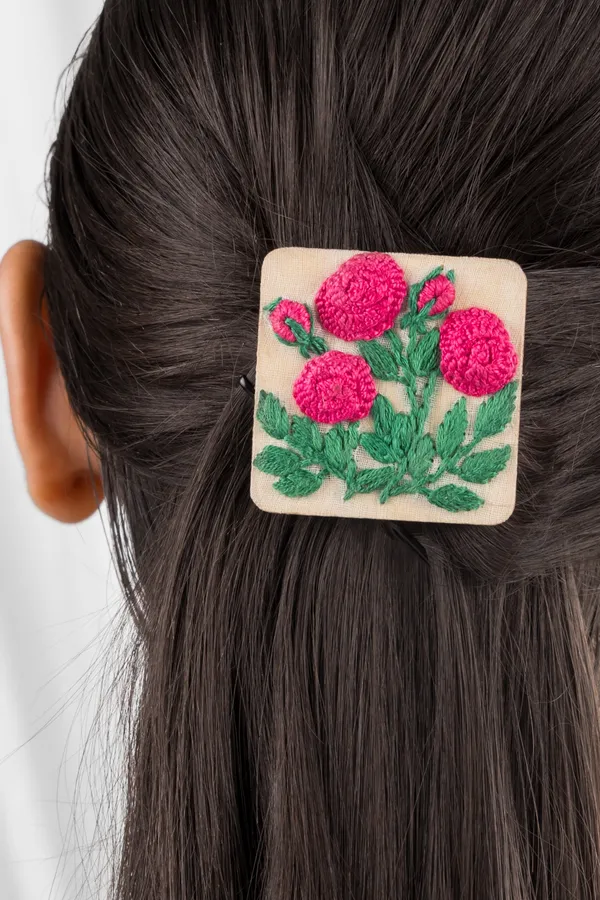 Deep_Pink_Rose_Branch_Rectangular_Alligator_Hair_Clip