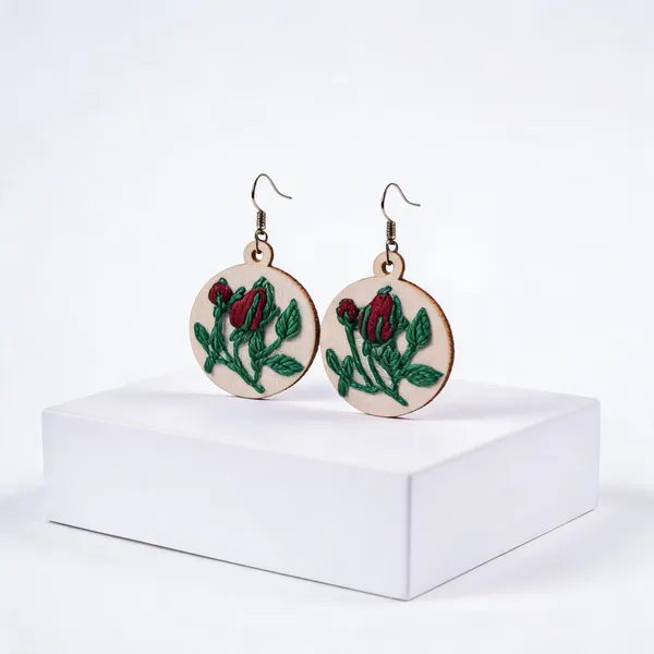Maroon_Cotton_Embroidered_Rose_Bud_Circular_Earrings_For_Women