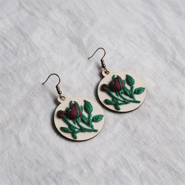 Maroon_Cotton_Embroidered_Rose_Bud_Circular_Earrings_For_Women