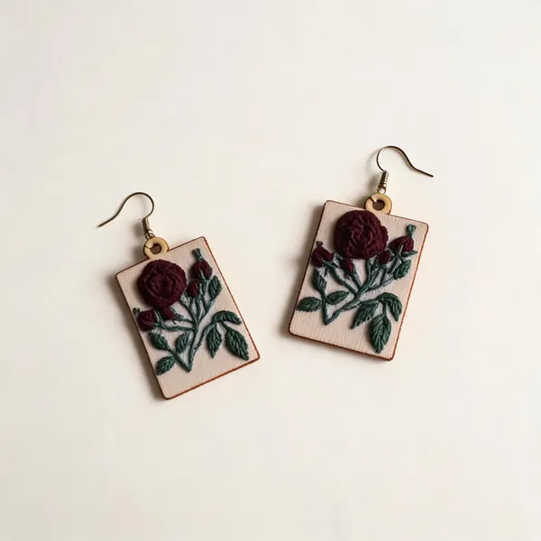 Dark_Red_Cotton_Embroidered_Rose_Branch_Rectangular_Earrings_For_Women
