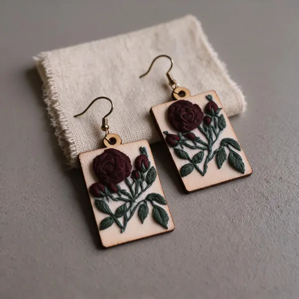 Dark_Red_Cotton_Embroidered_Rose_Branch_Rectangular_Earrings_For_Women