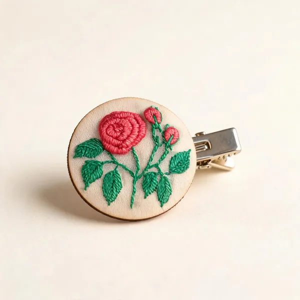 Peach_Cotton_Embroidered_Rose_Branch_Circular_Alligator_Hair_Clip_For_Women