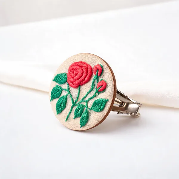Peach_Cotton_Embroidered_Rose_Branch_Circular_Alligator_Hair_Clip_For_Women