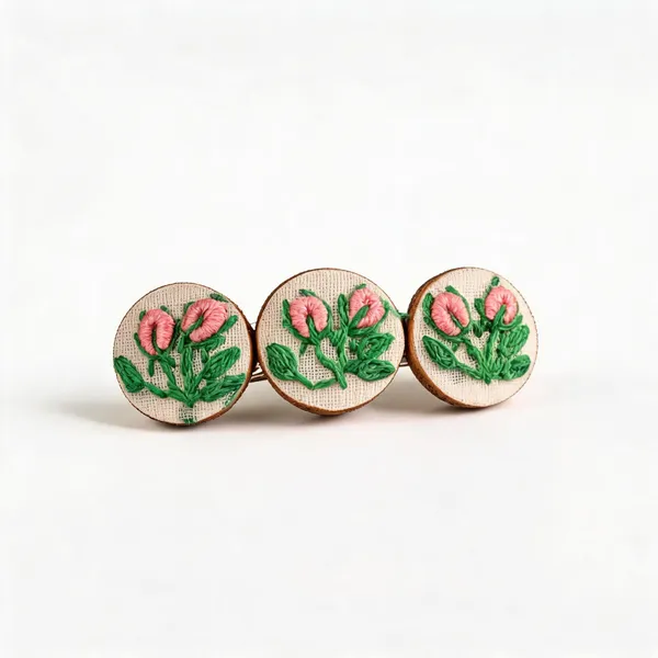 Peach_Cotton_Embroidered_Rose_Buds_Branch_Triple_Round_Hair_Barrette_For_Women