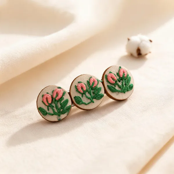 Peach_Cotton_Embroidered_Rose_Buds_Branch_Triple_Round_Hair_Barrette_For_Women