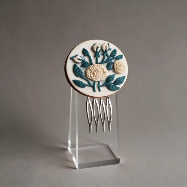Off_White_Cotton_Embroidered_Rose_Branch_Round_Hair_Comb_Pin_For_Women