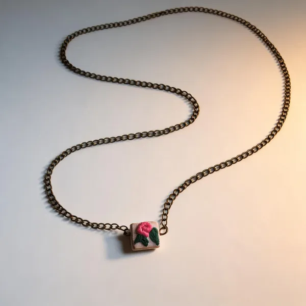 Peach_Cotton_Embroidered_Rose_Square_Pendant_Necklace_For_Women