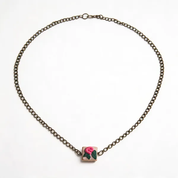Peach_Cotton_Embroidered_Rose_Square_Pendant_Necklace_For_Women