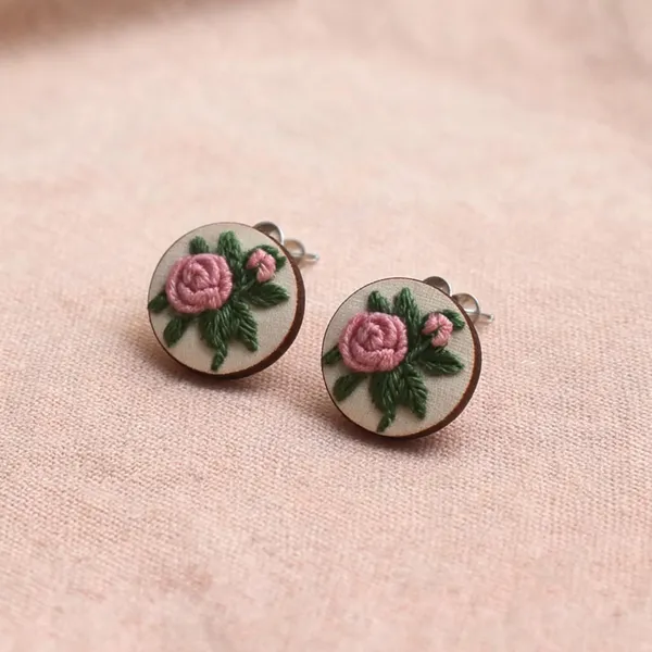 Peach_Cotton_Embroidered_Rose_Branch_Round_Stud_Earrings_For_Women