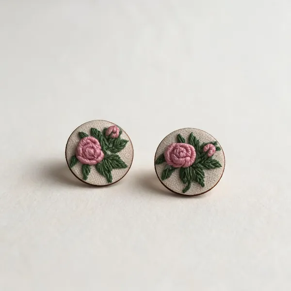Peach_Cotton_Embroidered_Rose_Branch_Round_Stud_Earrings_For_Women