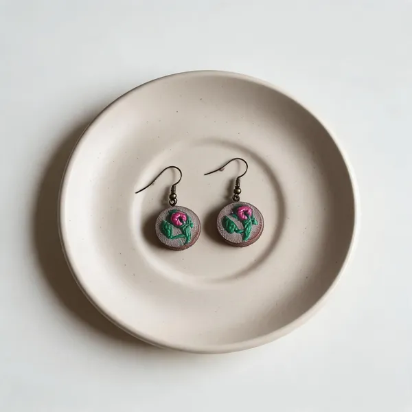Pink_Cotton_Embroidered_Rose_Bud_Branch_Round_Earrings_For_Women
