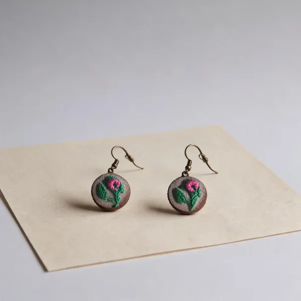 Pink_Cotton_Embroidered_Rose_Bud_Branch_Round_Earrings_For_Women