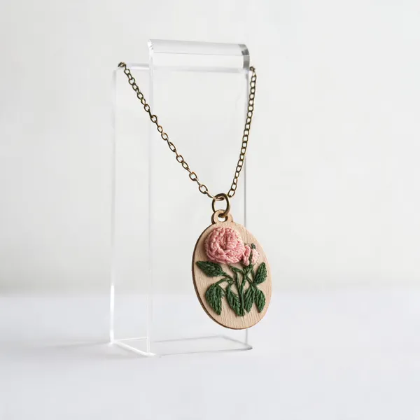 Peach_Cotton_Embroidered_Rose_Branch_Oval_Pendant_Necklace_For_Women