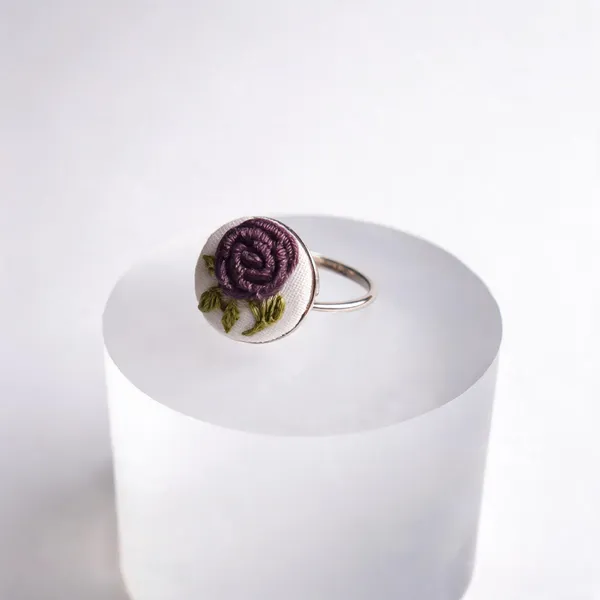 Dark_Mauve_Cotton_Embroidered_Rose_Branch_Round_Adjustable_Ring_For_Women