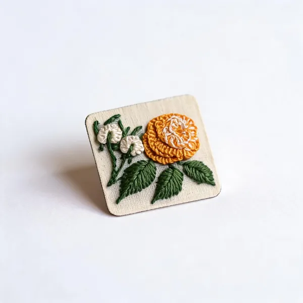 Yellow_Cotton_Embroidered_Rose_Branch_Square_Brooch_Pin_For_Women