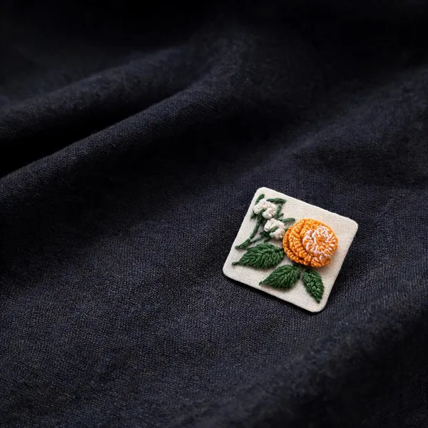 Yellow_Cotton_Embroidered_Rose_Branch_Square_Brooch_Pin_For_Women