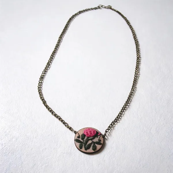 Pink_Cotton_Embroidered_Rose_Branch_Round_Pendant_Necklace_For_Women