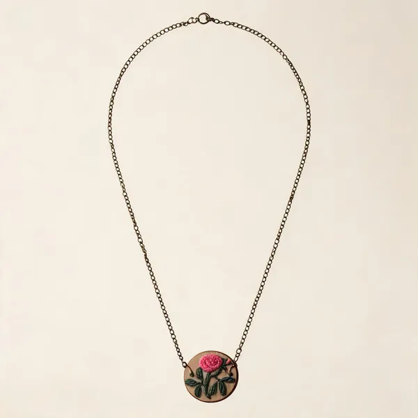 Pink_Cotton_Embroidered_Rose_Branch_Round_Pendant_Necklace_For_Women