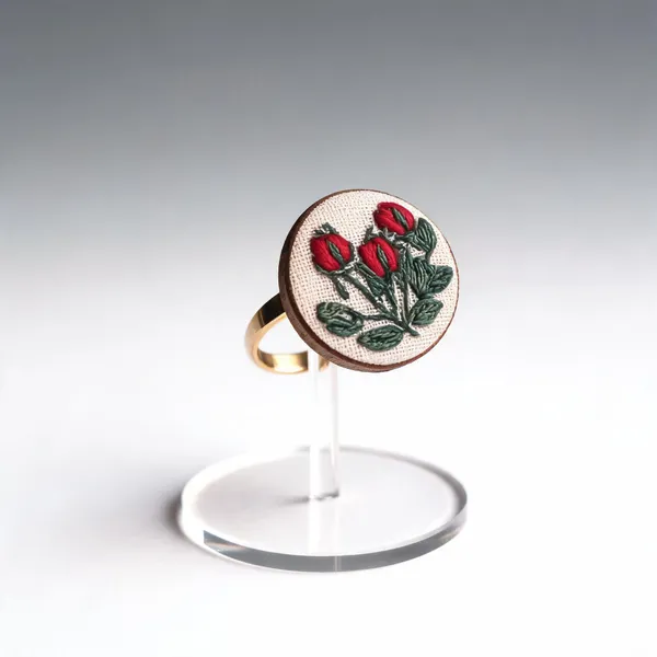 Dark_Red_Cotton_Embroidered_Rose_Buds_Round_Adjustable_Ring_For_Women
