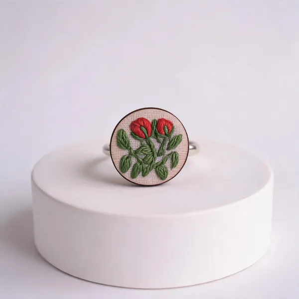 Bright_Red_Cotton_Embroidered_Rose_Buds_Round_Adjustable_Ring_For_Women