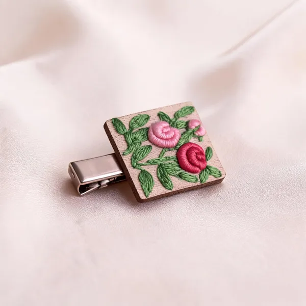 Pink_Cotton_Embroidered_Gradient_Rose_Branch_Square_Alligator_Hair_Clip_For_Women