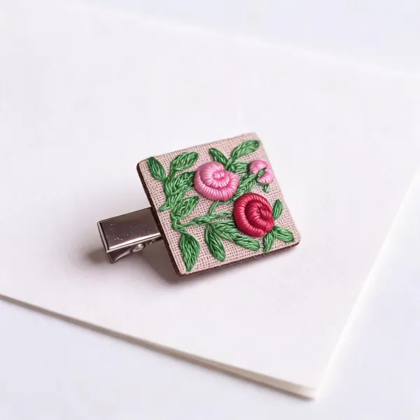 Pink_Cotton_Embroidered_Gradient_Rose_Branch_Square_Alligator_Hair_Clip_For_Women