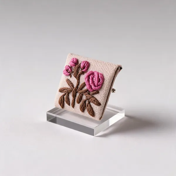 Magenta_Cotton_Embroidered_Rose_Buds_Square_Brooch_Pin_For_Women