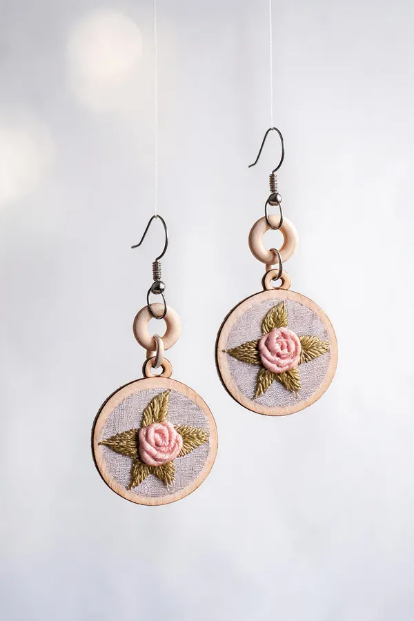 Peach_Cotton_Embroidered_Rose_Round_Hollow_Earrings_For_Women