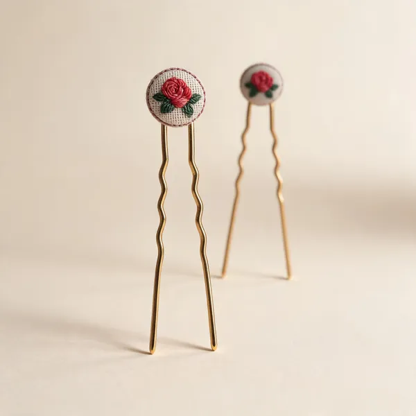 Deep_Pink_Cotton_Embroidered_Rose_Tiny_Round_Hair_Pins_Set_For_Women