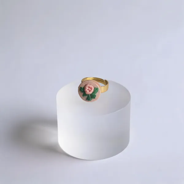 Peach_Cotton_Embroidered_Rose_Branch_Round_Adjustable_Ring_For_Women