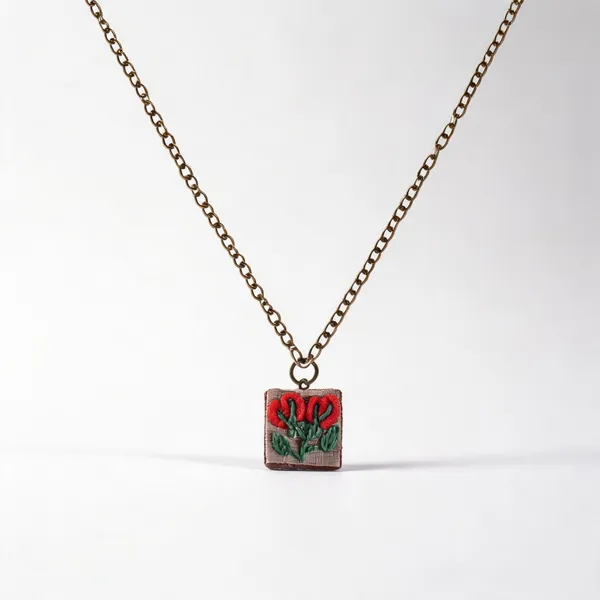 Red_Cotton_Embroidered_Double_Rose_Buds_Branch_Square_Pendant_Necklace_For_Women
