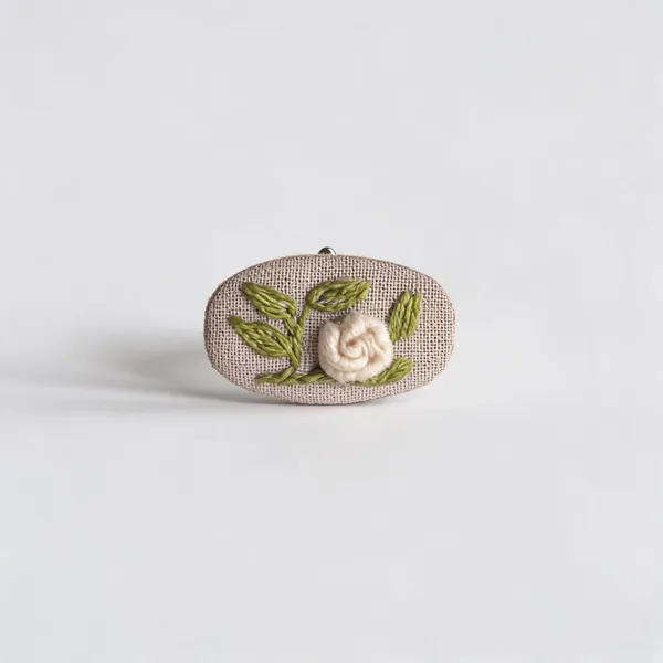 Cream_Cotton_Embroidered_Rose_Branch_Oval_Brooch_Pin_For_Women