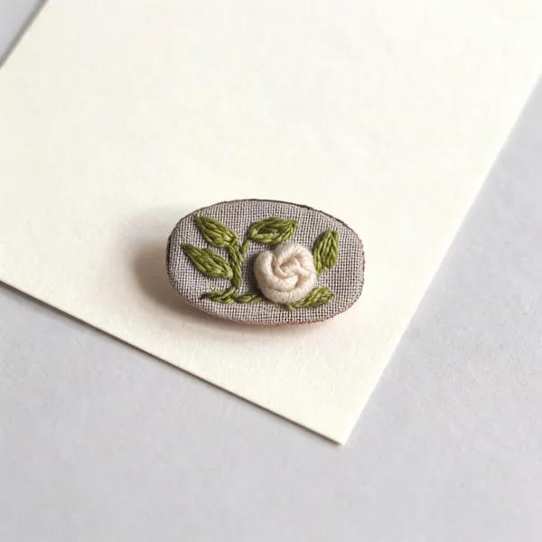 Cream_Cotton_Embroidered_Rose_Branch_Oval_Brooch_Pin_For_Women