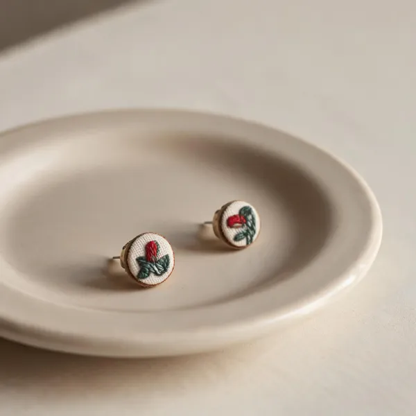 Red_Cotton_Embroidered_Rose_Bud_Tiny_Round_Stud_Earrings_For_Women