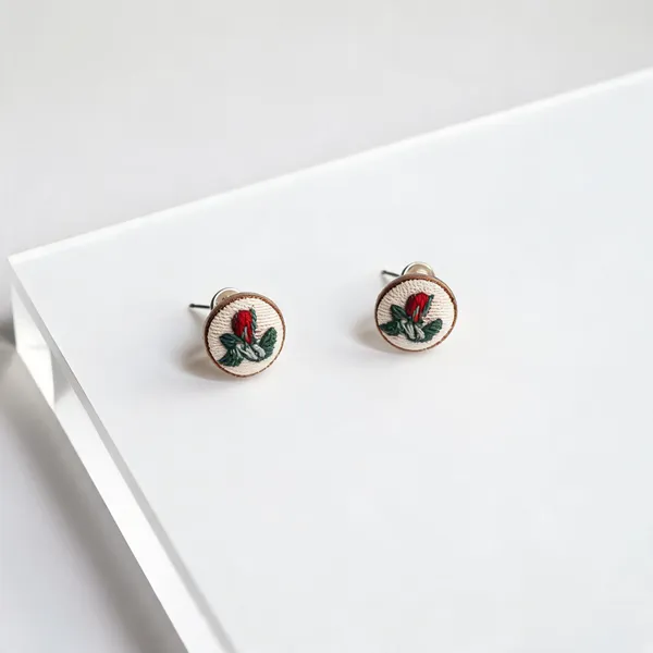 Red_Cotton_Embroidered_Rose_Bud_Tiny_Round_Stud_Earrings_For_Women