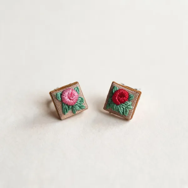 Pink_Cotton_Embroidered_Gradient_Rose_Branch_Tiny_Square_Stud_Earrings_For_Women