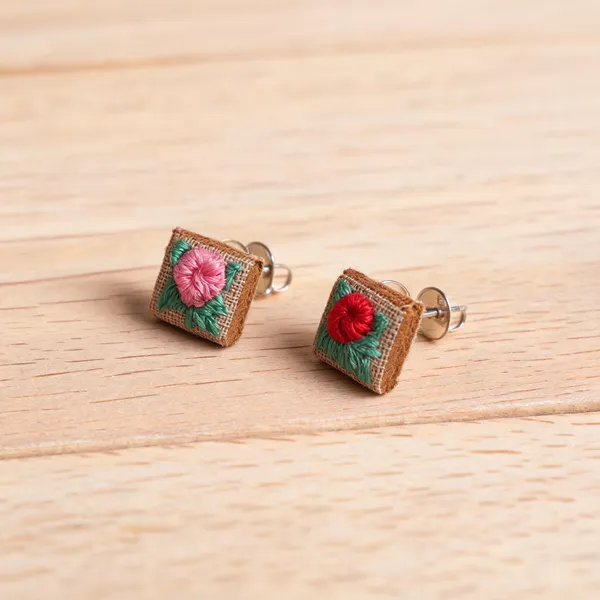 Pink_Cotton_Embroidered_Gradient_Rose_Branch_Tiny_Square_Stud_Earrings_For_Women