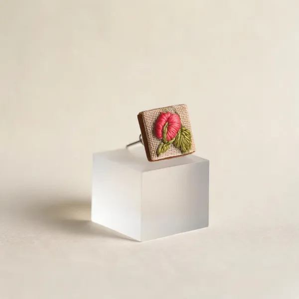 Peach_Cotton_Embroidered_Rose_Buds_Branch_Tiny_Square_Stud_Earrings_For_Women