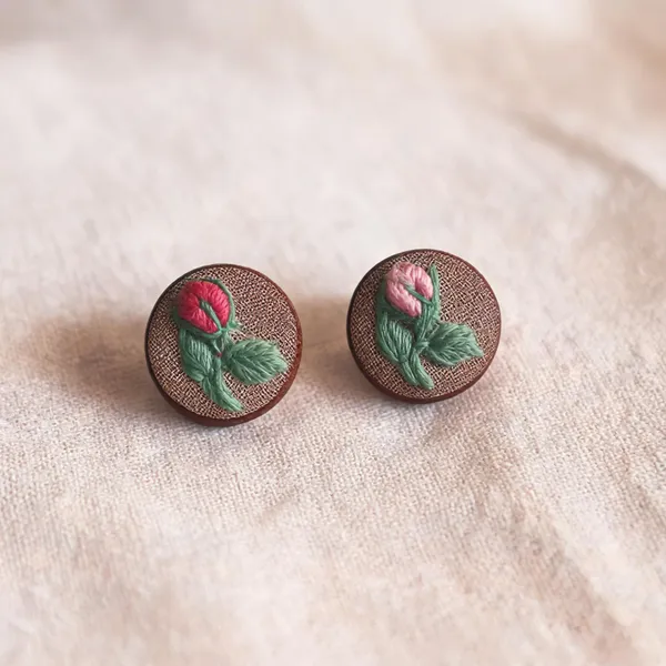 Pink_Cotton_Embroidered_Gradient_Rose_Bud_Branch_Round_Stud_Earrings_For_Women