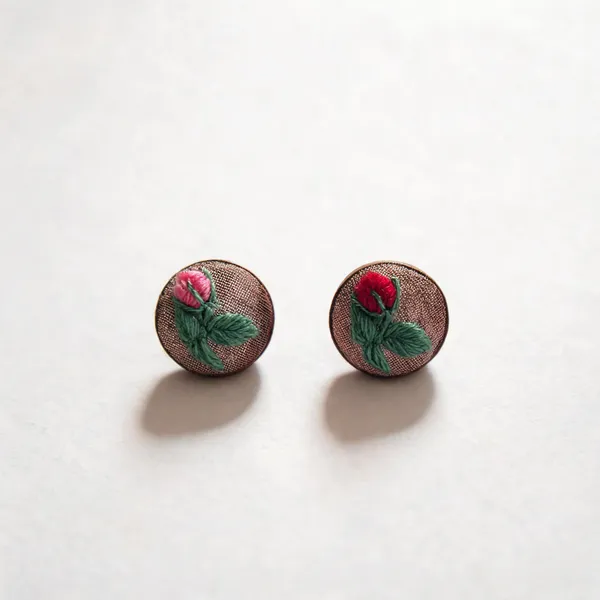 Pink_Cotton_Embroidered_Gradient_Rose_Bud_Branch_Round_Stud_Earrings_For_Women