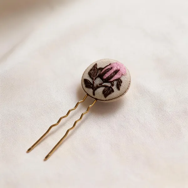Light_Pink_Cotton_Embroidered_Rose_Branch_Round_Hair_Pin_For_Women