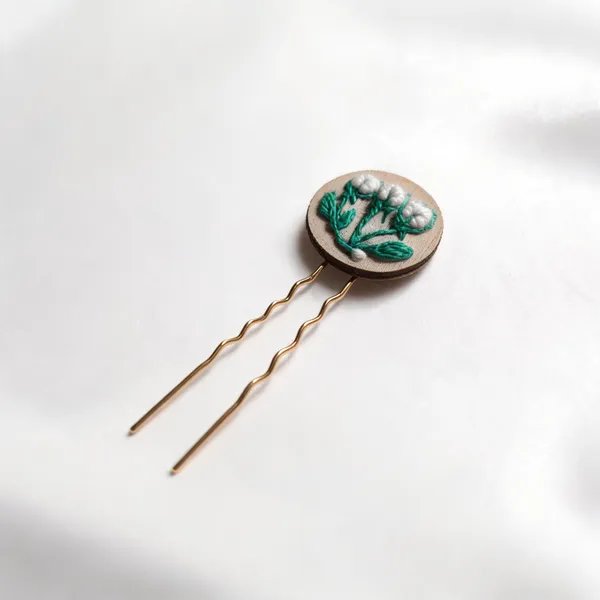 White_Cotton_Embroidered_Triple_Rose_Bud_Round_Hair_Pin_For_Women