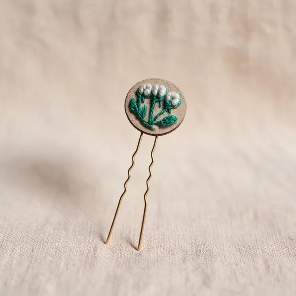 White_Cotton_Embroidered_Triple_Rose_Bud_Round_Hair_Pin_For_Women