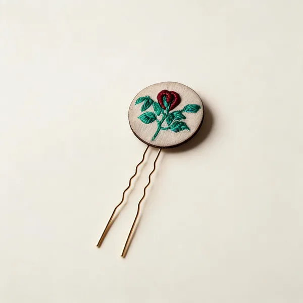 Maroon_Cotton_Embroidered_Rose_Bud_Branch_Round_Hair_Pin_For_Women